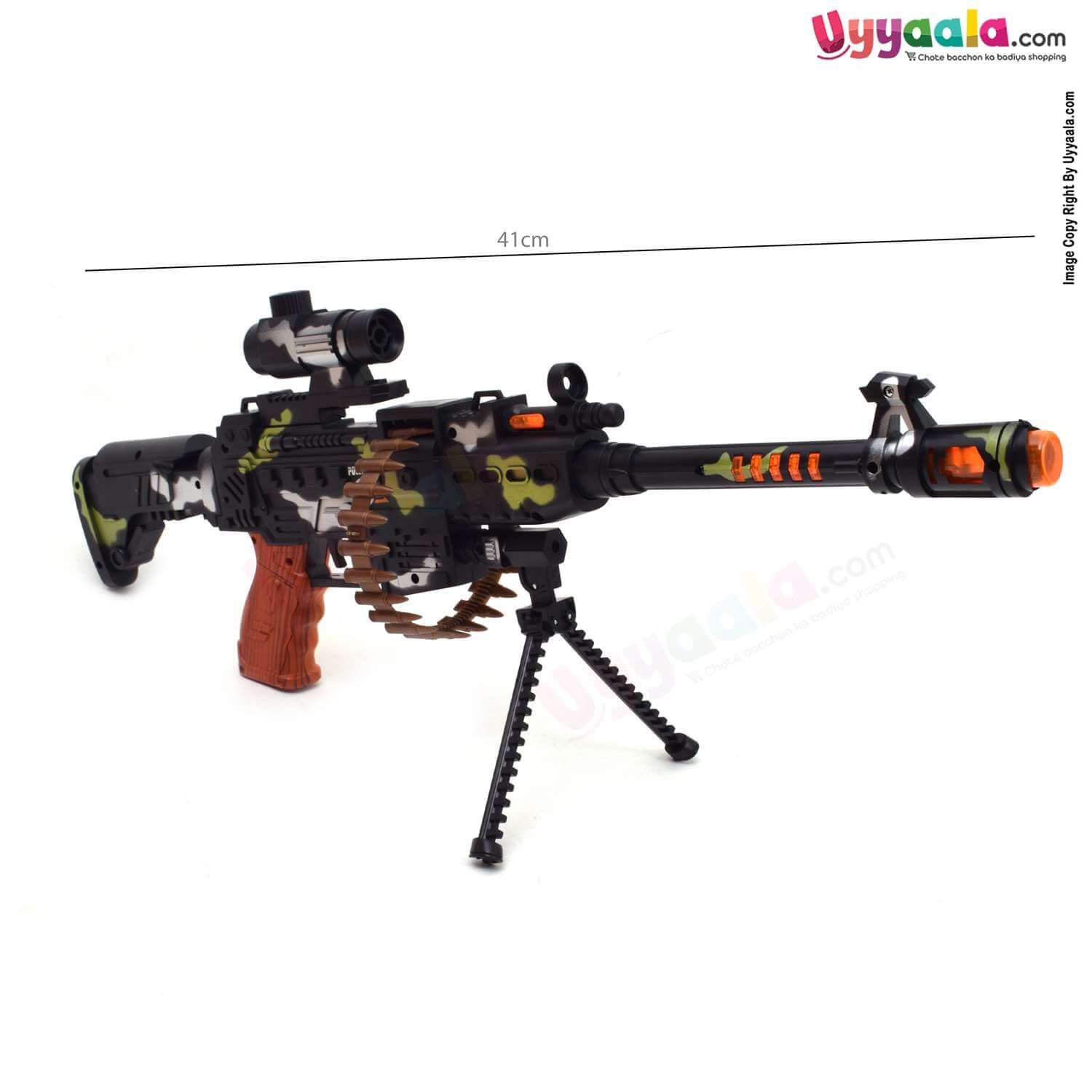 Battery operated machine gun with flash light