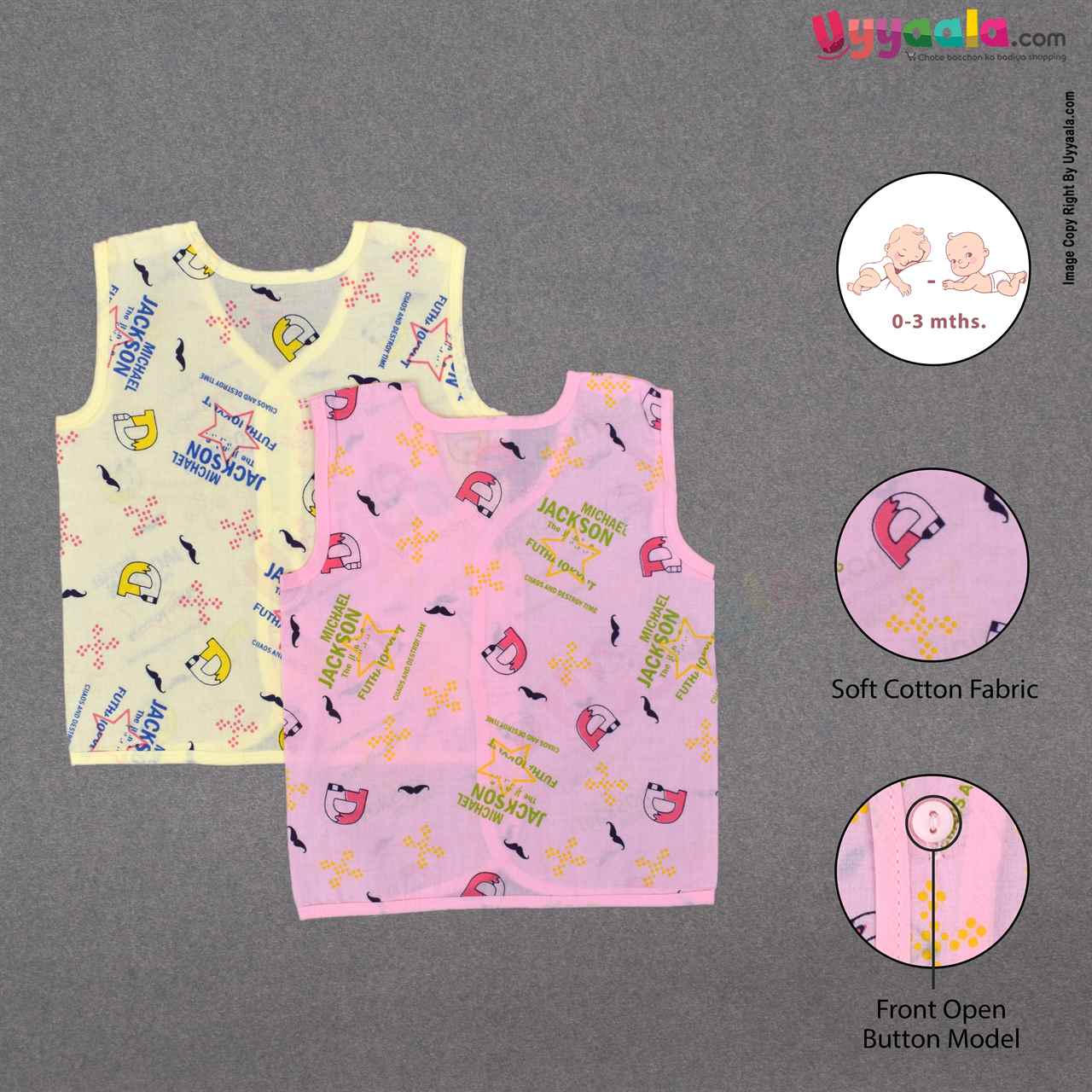 Front Open Cotton Jabla Set For 0-3m Babies - Pink & Yellow