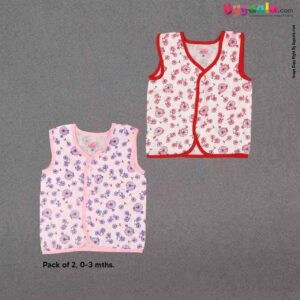 VOCAL BABY Cotton Jabla Front Open & Sleeveless, Pink & Red - For 0-3m Babies, Pack of 2