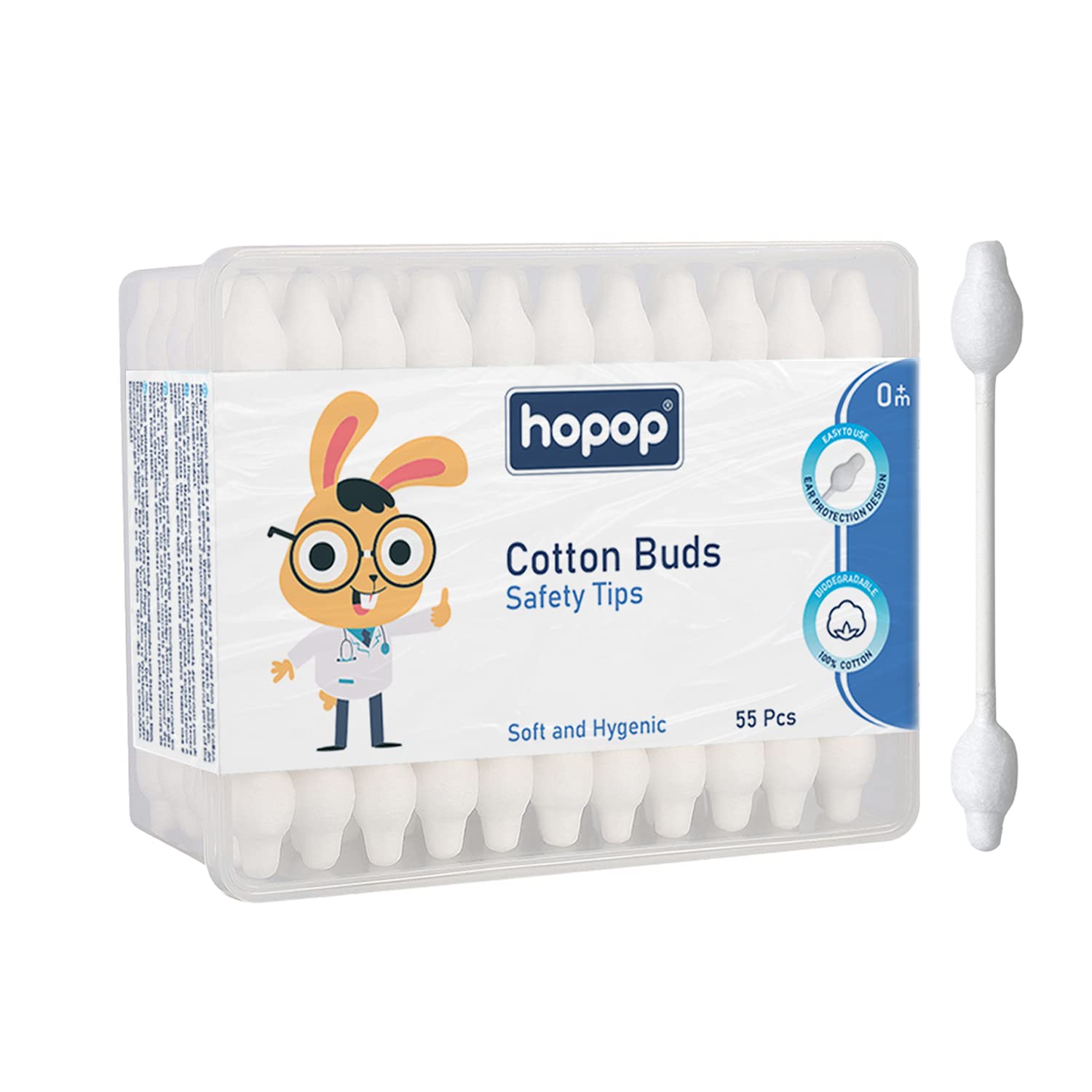 HOPOP Soft & Hygenic Cotton Earbuds For Babies - 55pcs 0m+