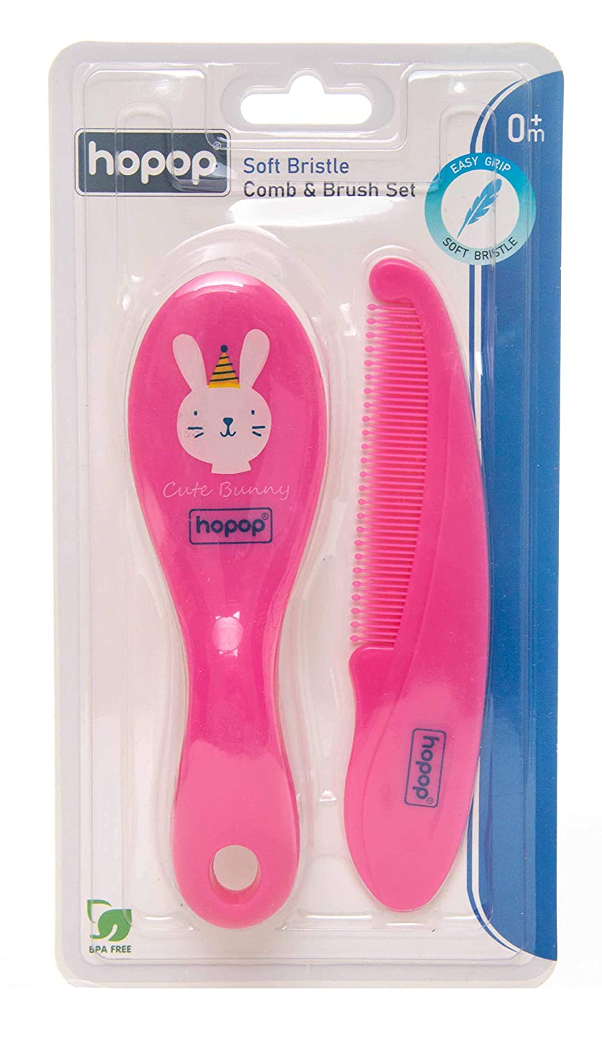 HOPOP Soft Bristle Comb & Brush Set For Babies - Pink 0m+