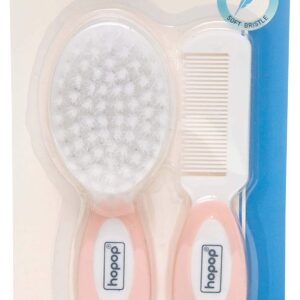 HOPOP Soft Bristle Comb & Brush Set For Babies - White & Pink 0m+