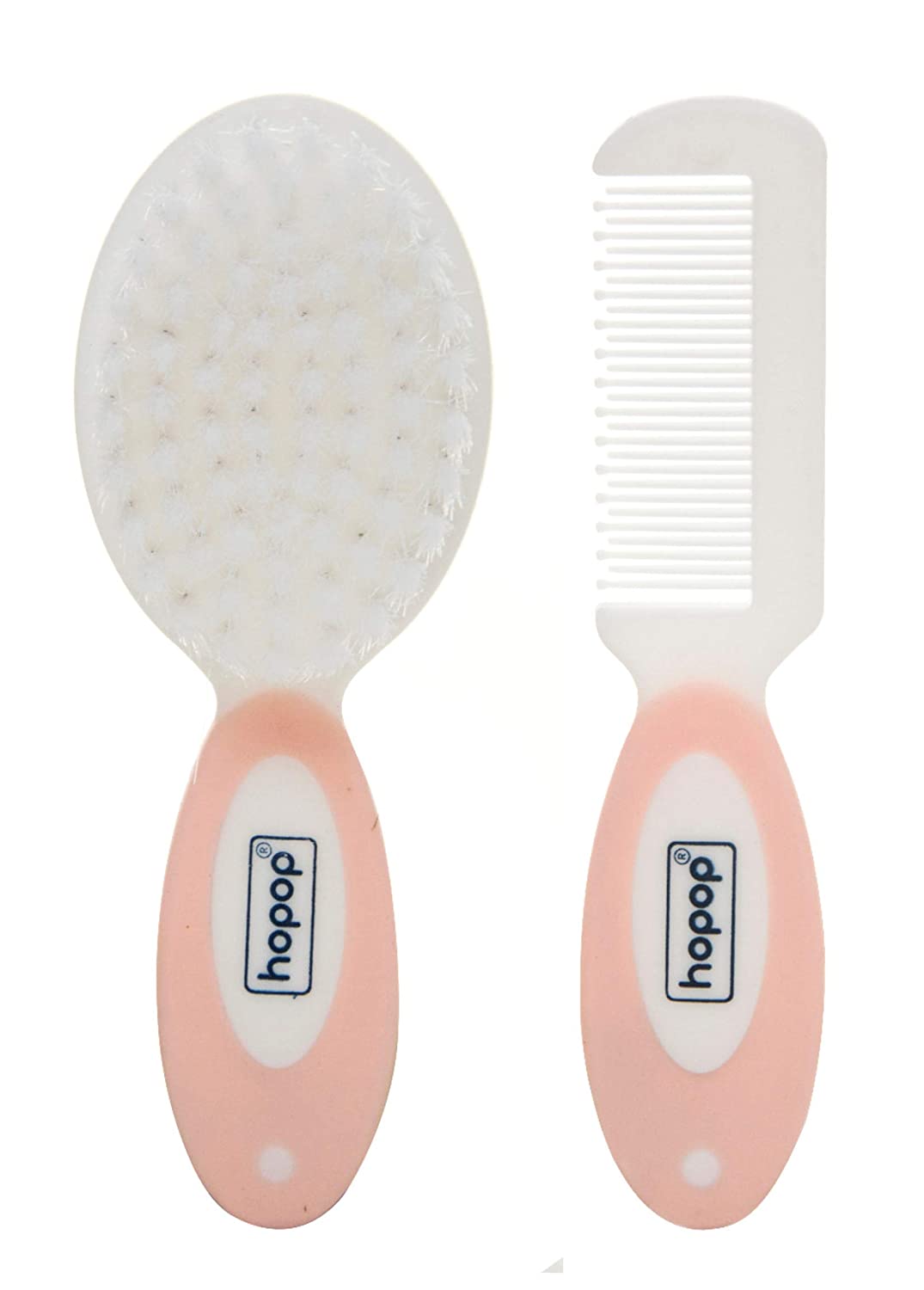 HOPOP Soft Bristle Comb & Brush Set For Babies - White & Pink 0m+