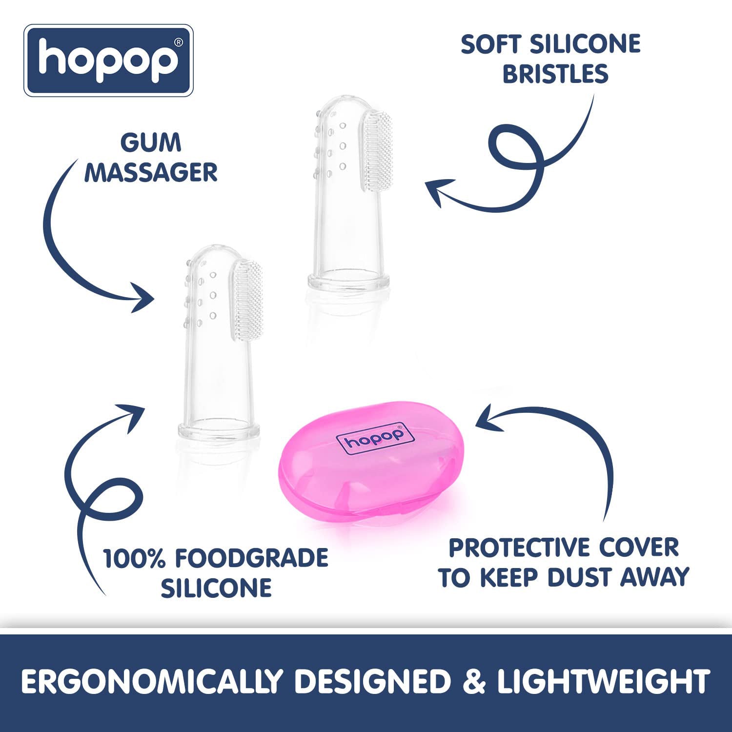 HOPOP Soft Silicone Finger Brush With Storage Case - Pink 0m+