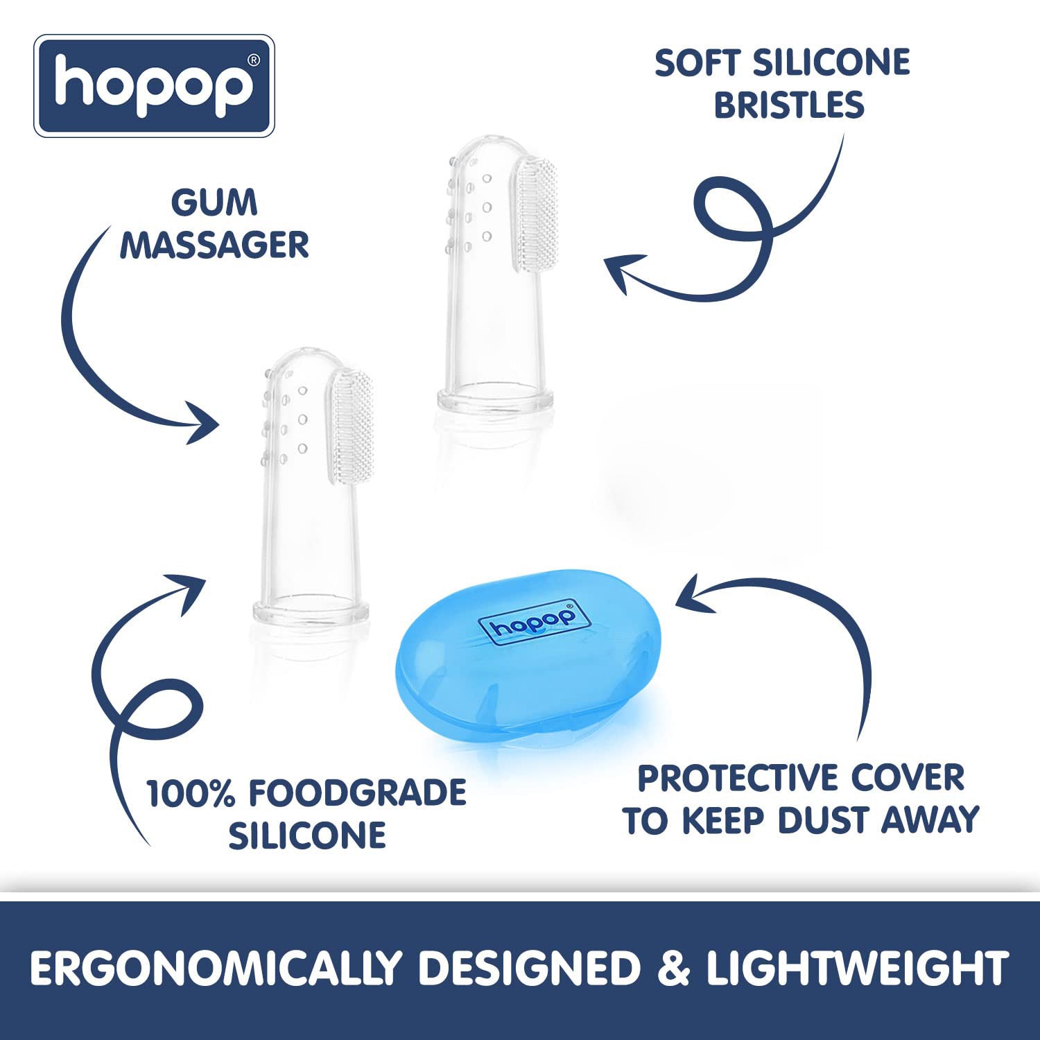HOPOP Soft Silicone Finger Brush With Storage Case - Blue 0m+