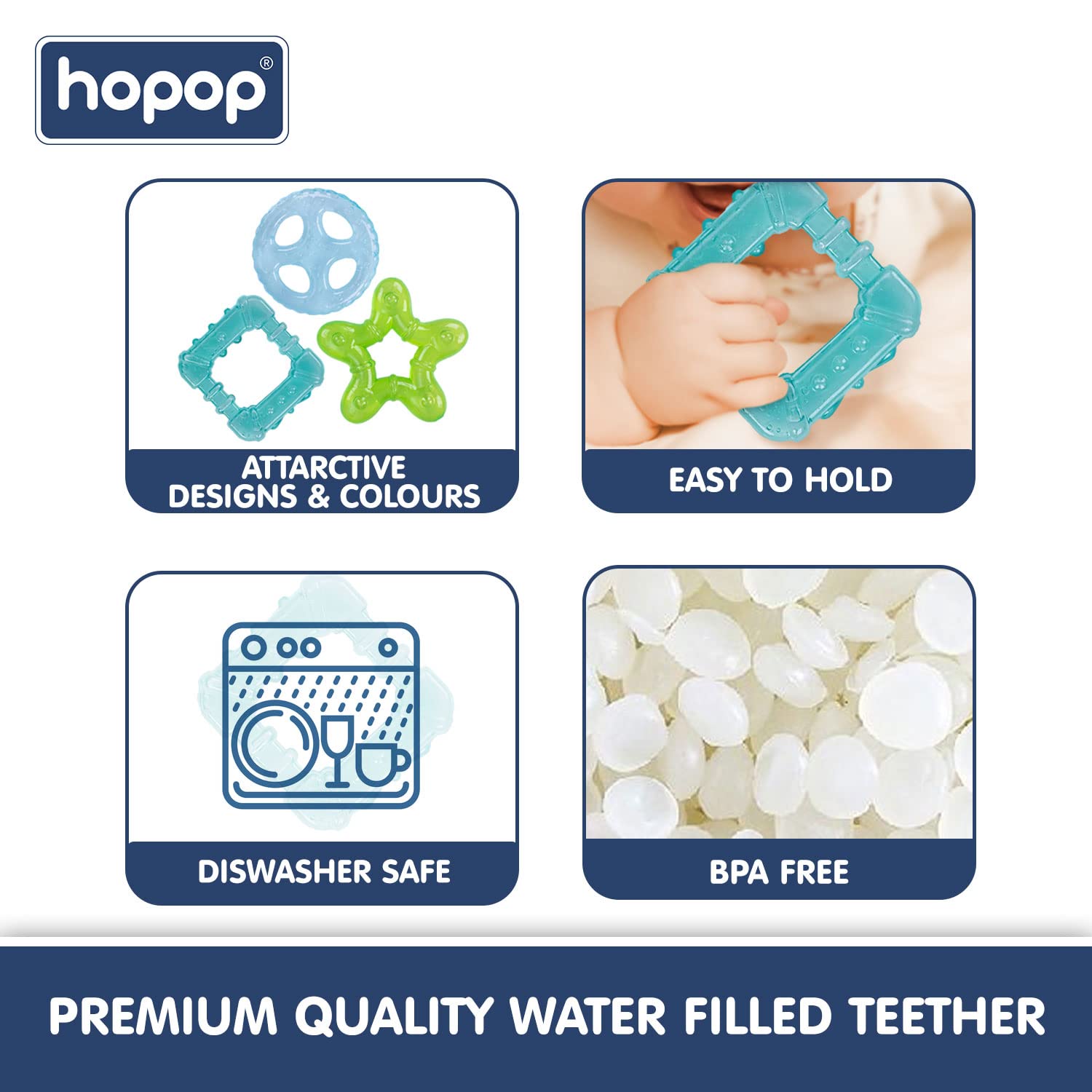 HOPOP BPA Free Water Filled Cooling Teether For Babies - Multicolor 3pcs 4m+