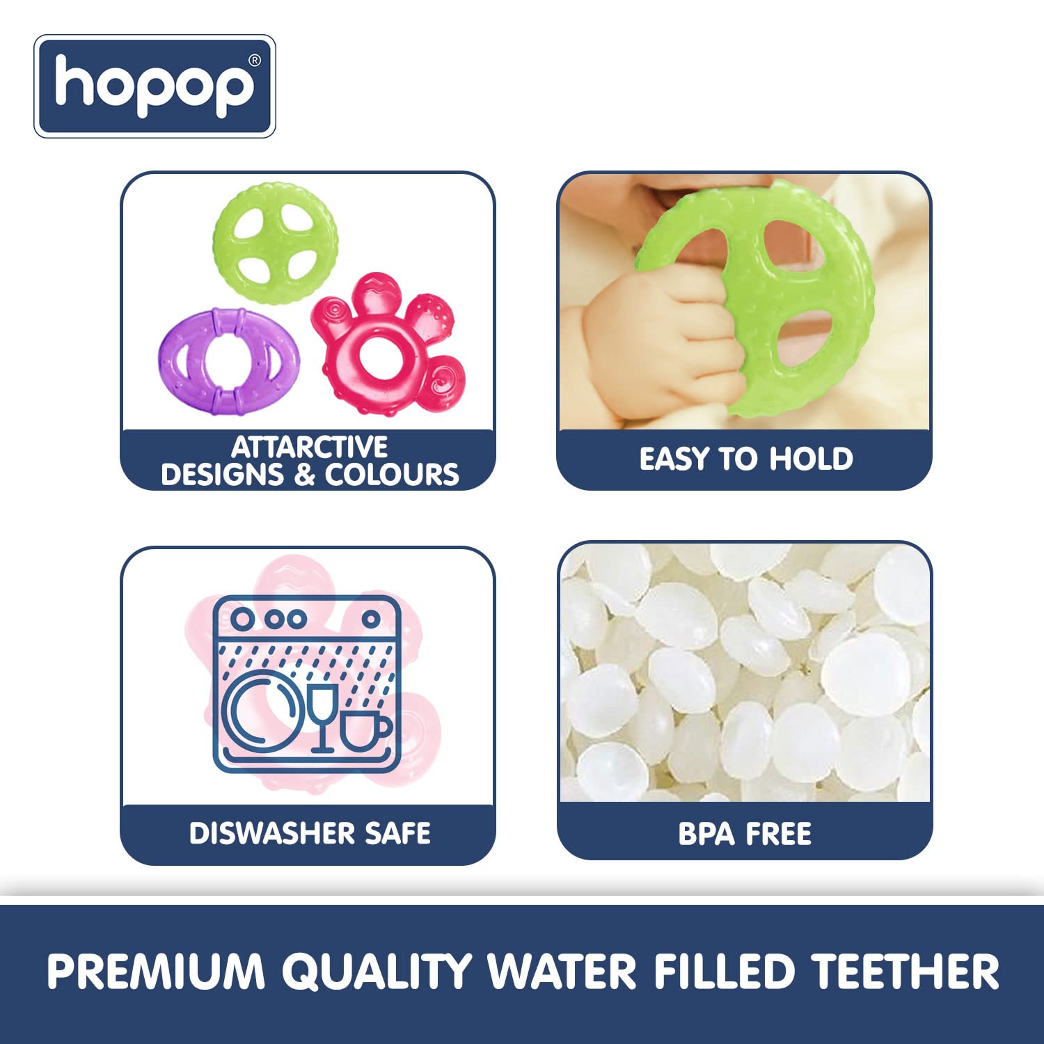 HOPOP BPA Free Water Filled Cooling Teether For Babies - Multicolor 3pcs 4m+