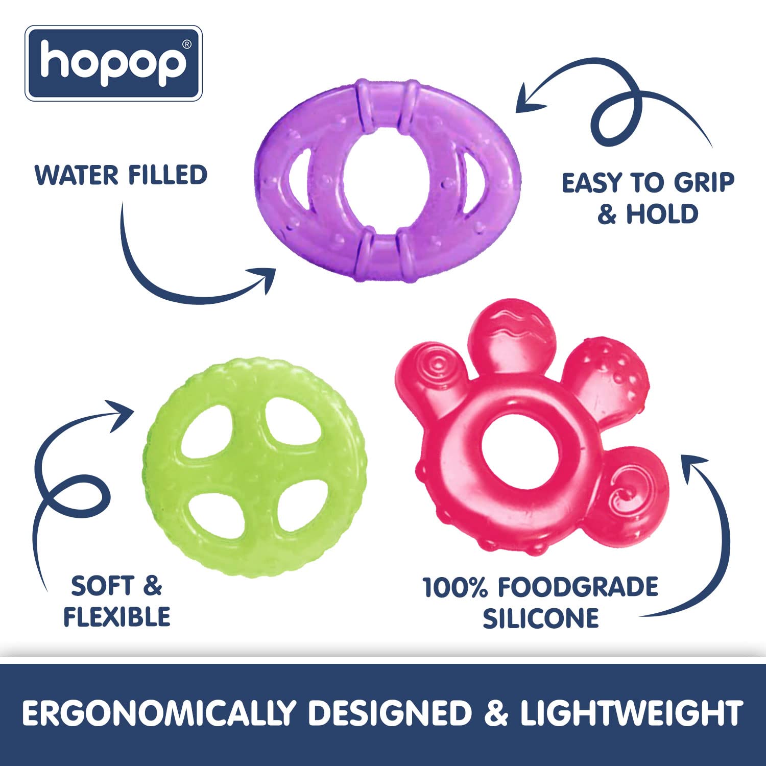 HOPOP BPA Free Water Filled Cooling Teether For Babies - Multicolor 3pcs 4m+