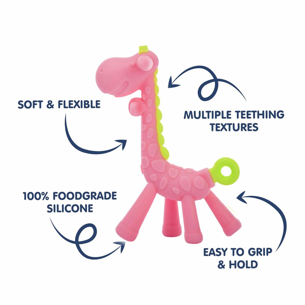 HOPOP Soft Silicone Giraffe Shaped Silicone Teether For Babies - Pink 4m+
