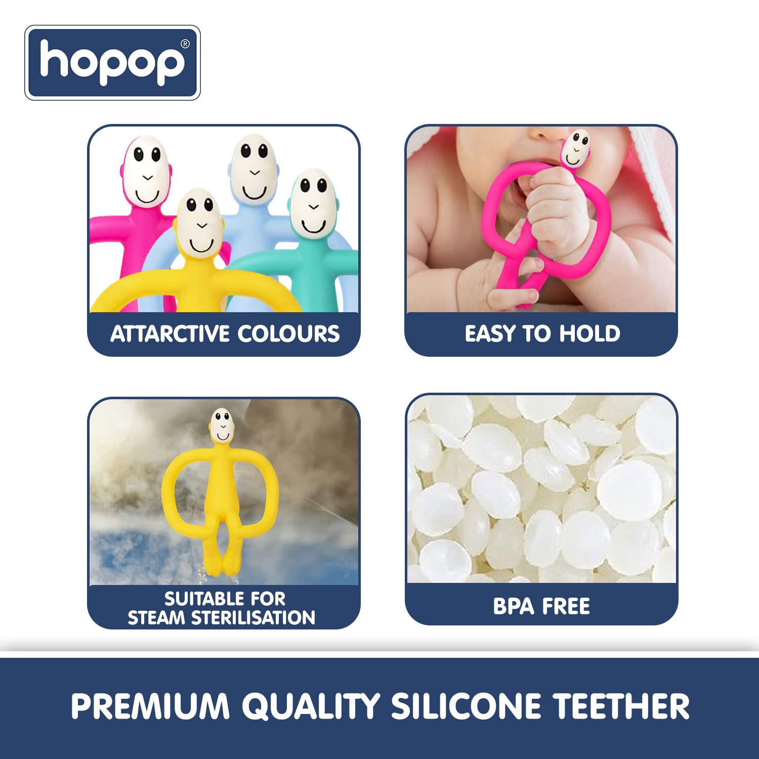 HOPOP Easy Grip Monkey Shaped Silicone Teether - Pink 4m+