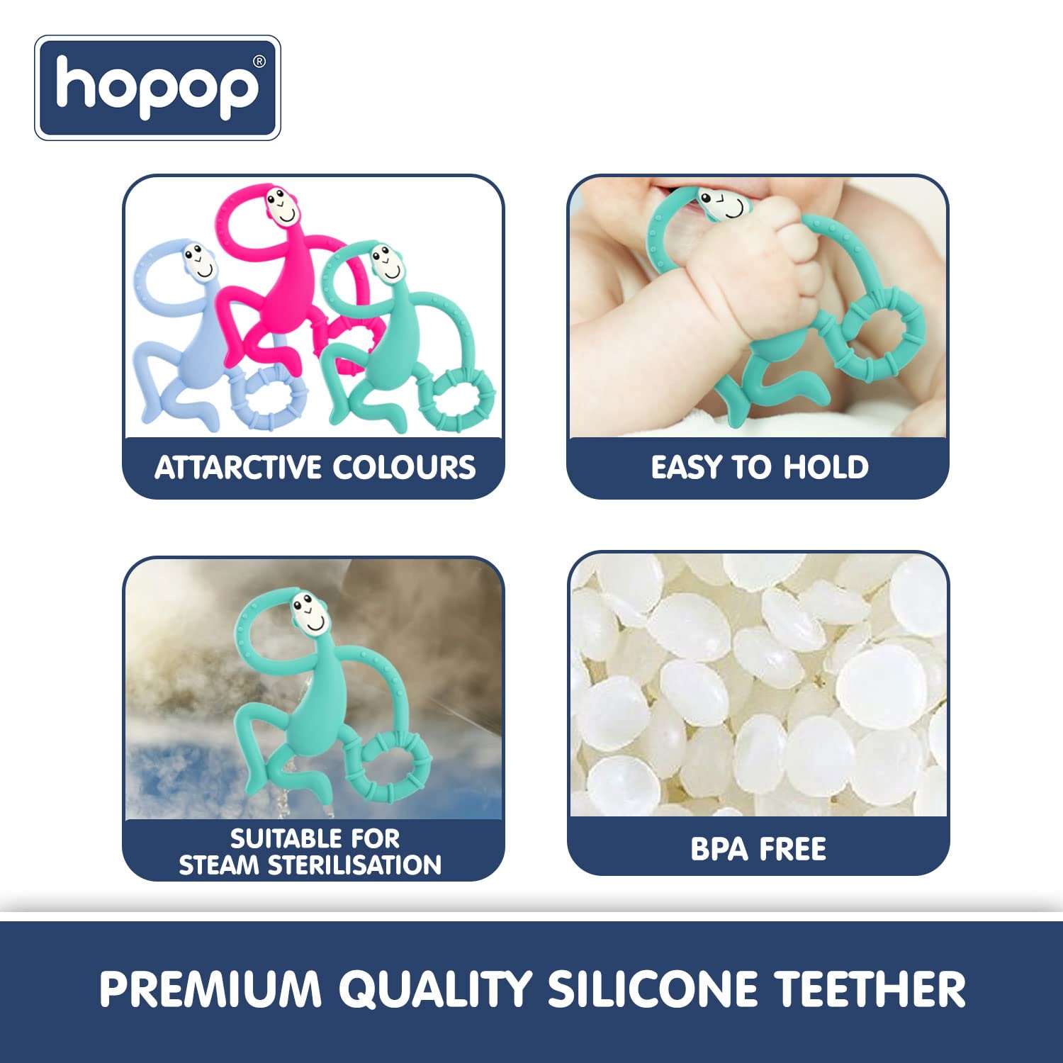 HOPOP Soft Silicone Monkey Shaped Silicone Teether For Babies - Blue 4m+