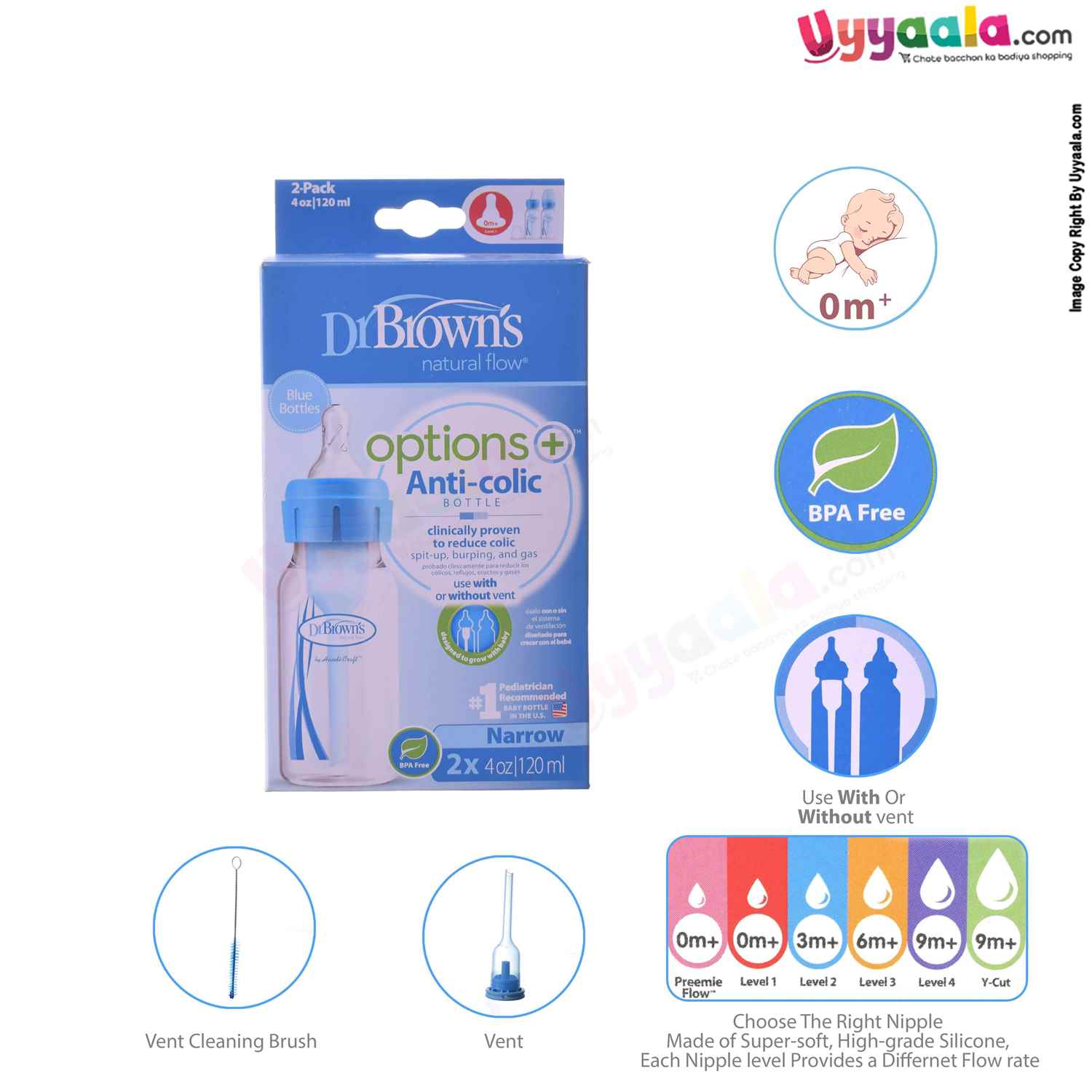 Dr Browns feeding Bottle natural flow with vent and vent cleaning brush, 120ml (pack of 2)