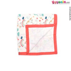 Four Layered Muslin Wrapper with Border, Unicorn Print for Babies 0+m Age, Size(116*101cm)- White