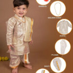 Buy Boys Pattu Silk Kurta, Pajama & Dhoti Set with Collar embroidery - Brown Online in India at uyyaala.com
