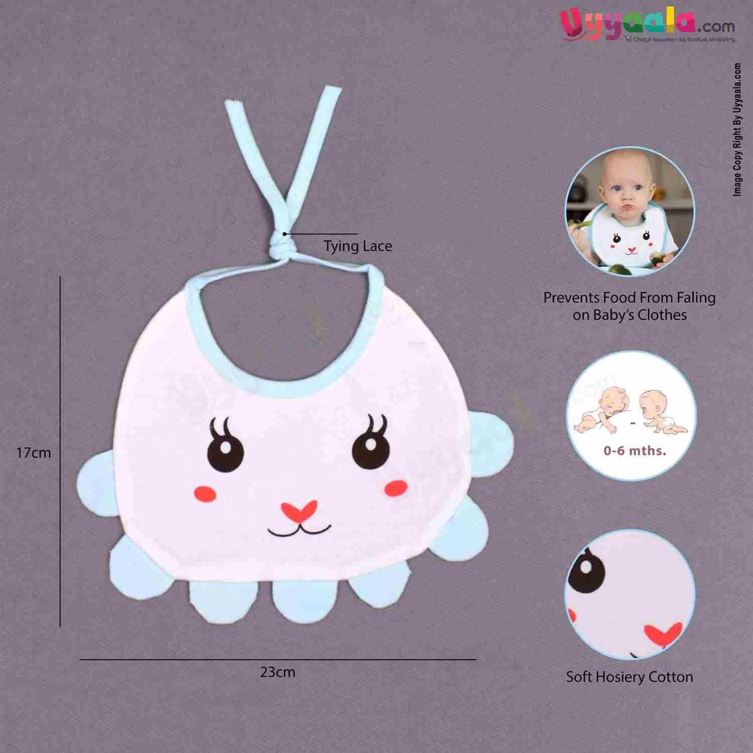 Baby Bib Soft Cotton Hosiery with Cute Kitty Print Pack of 2, Size(17*23cm)-White & Light Blue