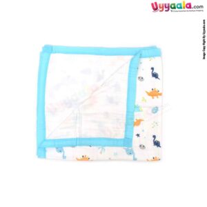 Four Layered Muslin Cotton Wrapper with Border, Dinos Print for Babies 0+m Age, Size (113*101cm)-White & Blue