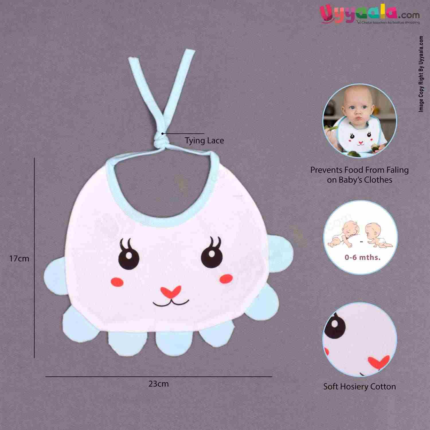 Baby Bib Soft Cotton Hosiery with Cute Kitty Print Pack of 2, Size(17*23cm)-White & Light Blue