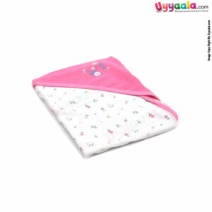 Cotton Hosiery Hooded Towel for Babies with Floral Print 1pc 0+m Age, Size (75*72Cm)- Pink & White