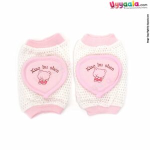 Cotton Stretchable Knee Protection Pads for Crawling Babies with Heart Shape Patch Teddy Bear Print Pack of 1 Pair , 6m-2Y Age - White & Light Pink