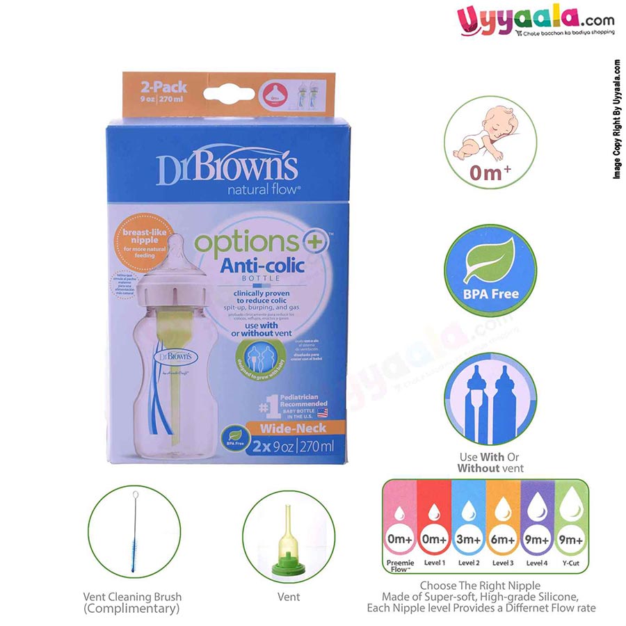 Dr Browns feeding Bottles Natural flow wide neck with vent and vent cleaning Brush, 270ml (pack of 2)