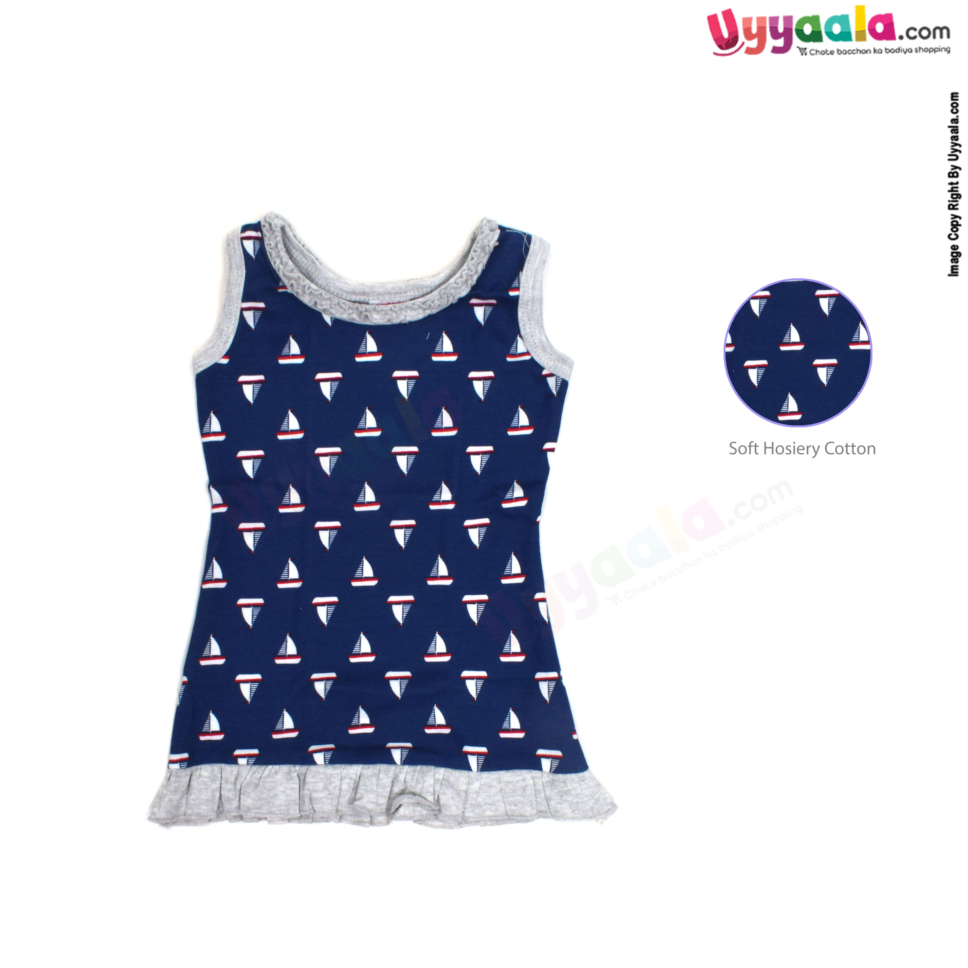 Baby 100% Premium Quality Hoisery Sleeve less Newborn Frock with Bloomer Boat Print, Dark Blue