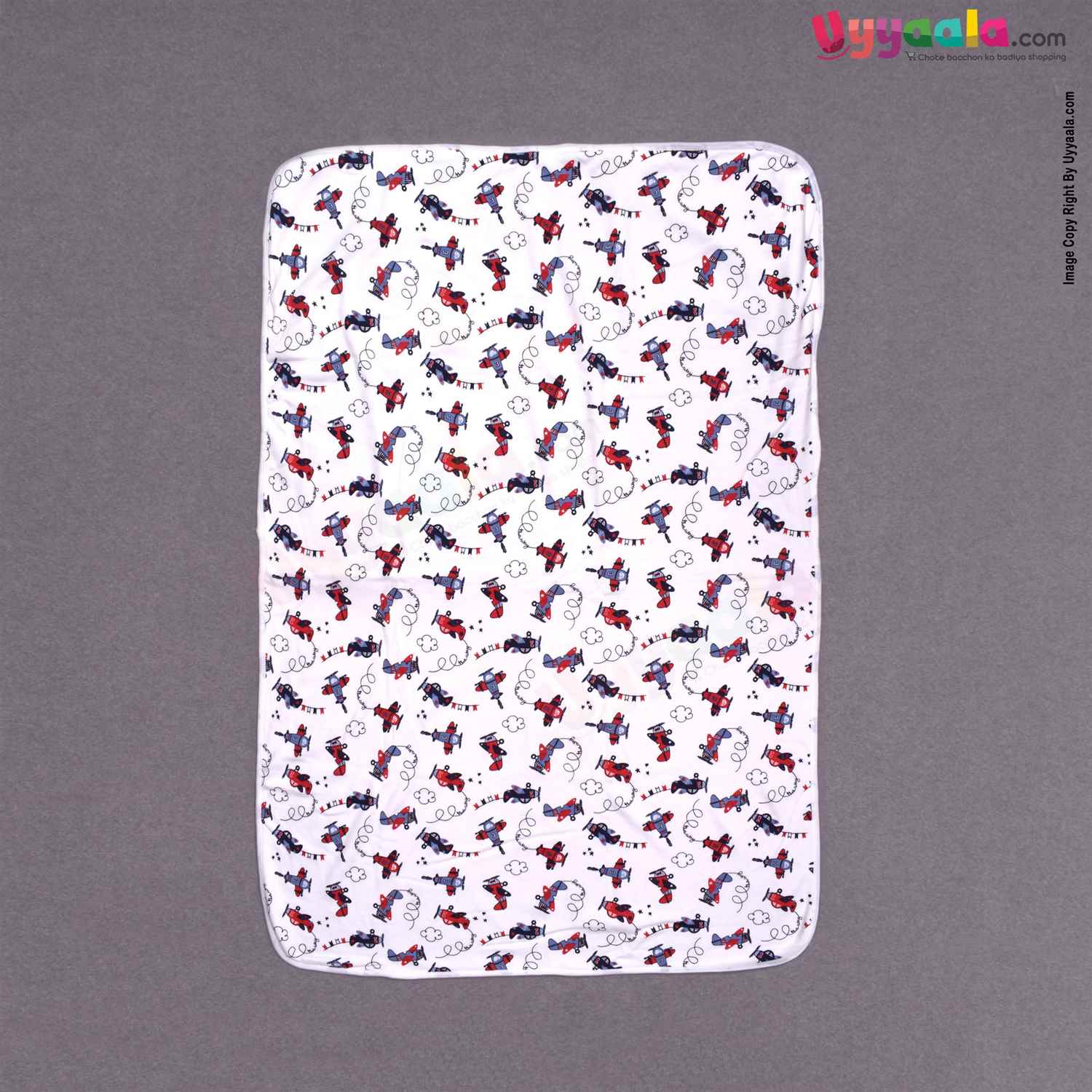 Dual layered Terry Cotton Hooded Baby Towel with Teddy Bear & Aeroplane Prints - 0+m, Size (94*65cm), White & Multicolor