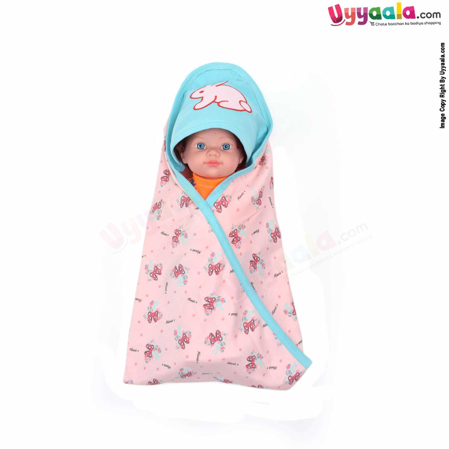 Babies hooded towel with love symbol print, Peach