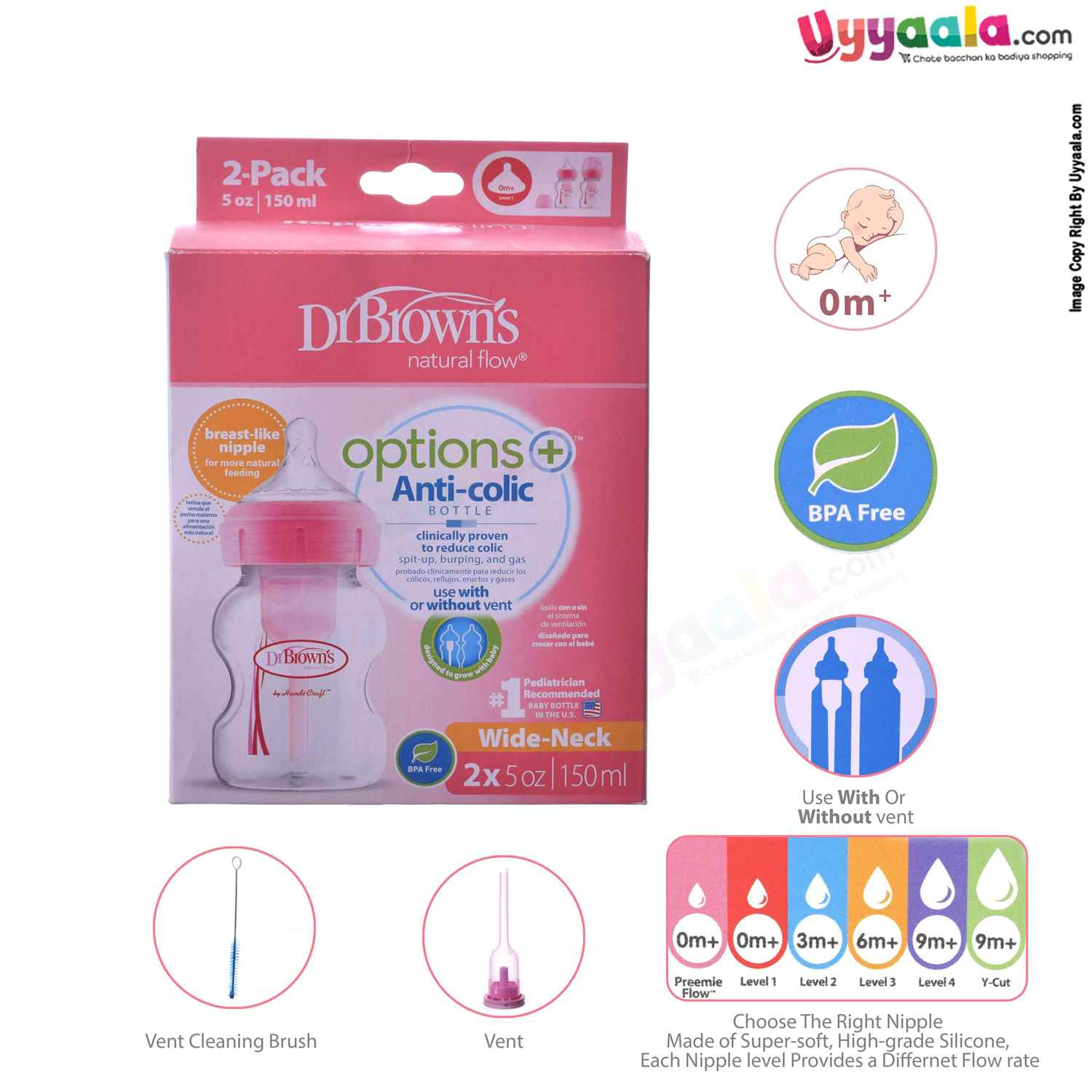 Dr Browns feeding Bottle Natural flow wide neck with vent and vent cleaning Brush, 150ml (pack of 2)