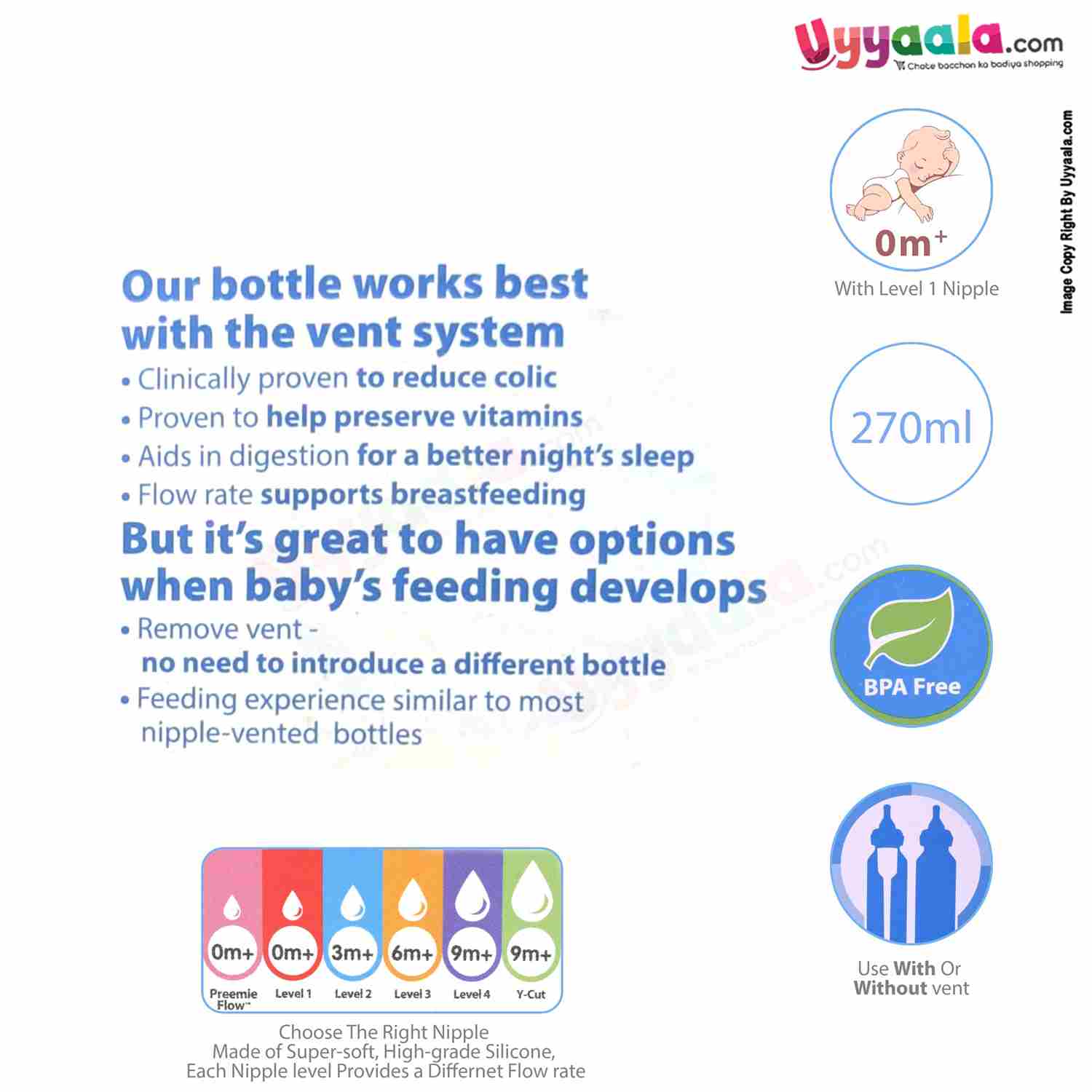 Dr Browns feeding Bottle wide neck with vent anti colic 270ml, 0 + months