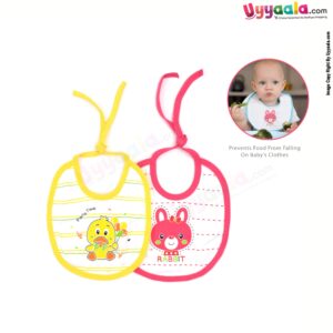 Cotton Baby Feeding Bib, Newborn Top Tieng Model, Rabbit & Duck Print, Pack of 2, (20*18) - White with Pink & Yellow Borders