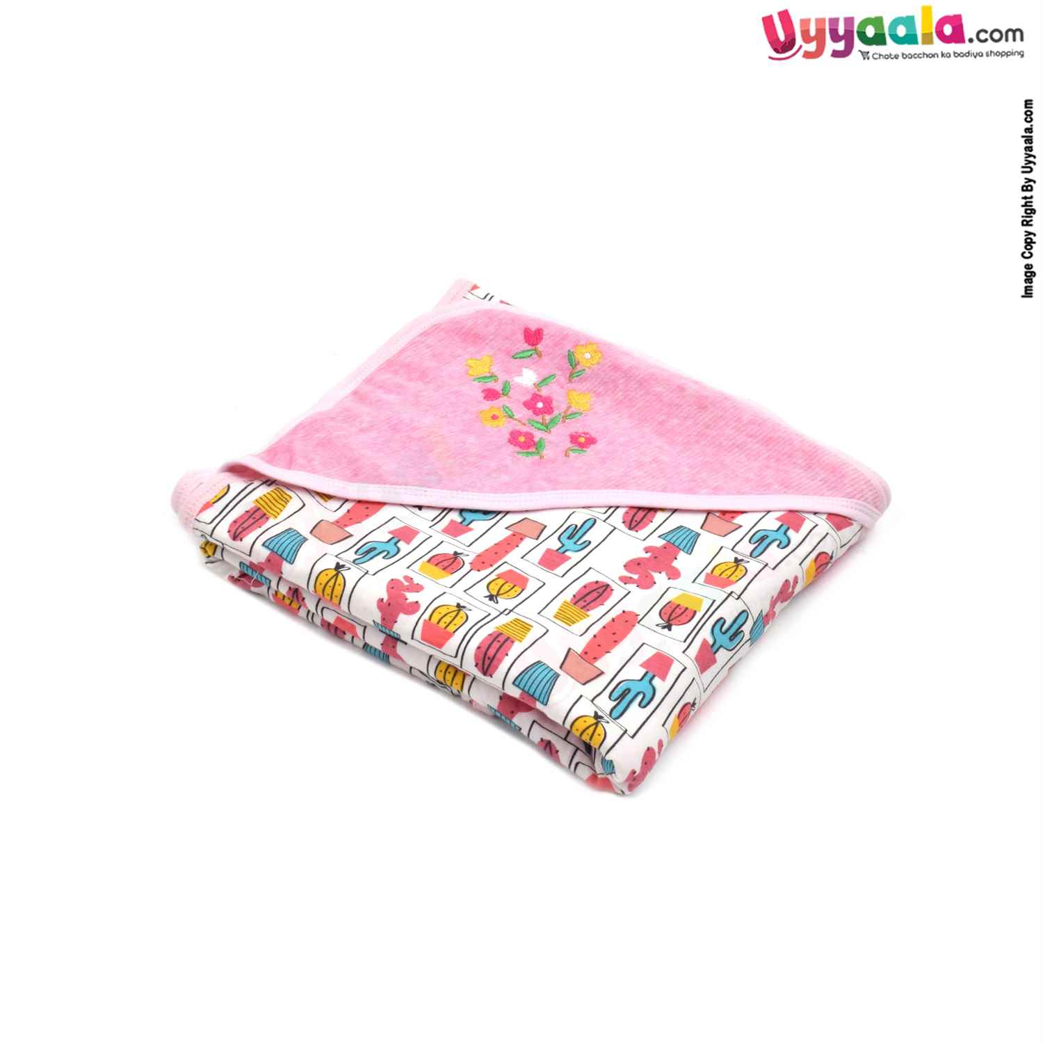 Baby Hooded Towel Premium Double Layered,100% Cotton Hosiery One Side & Another Side Fur with Floral & Cactus Plant Print 0+m Age