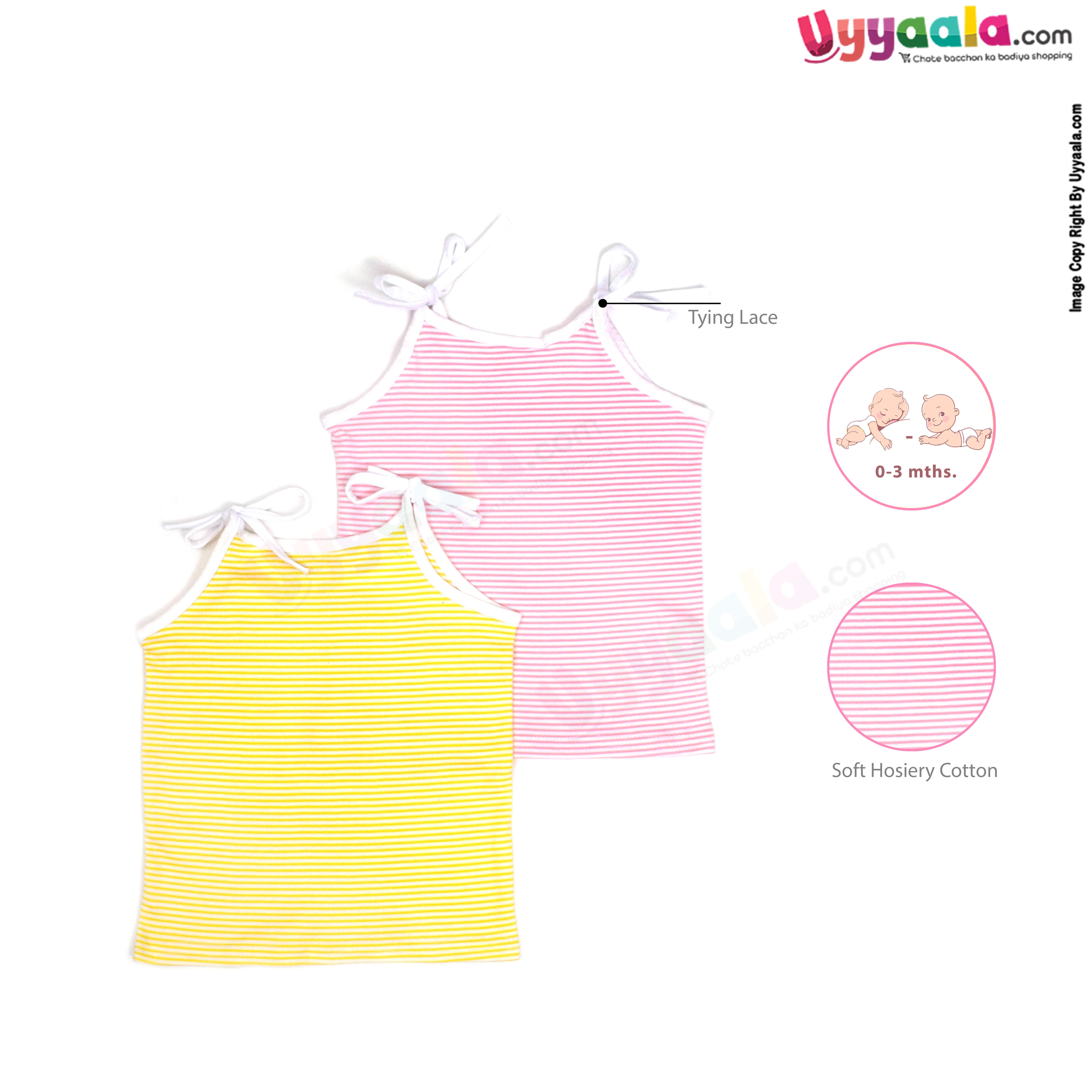 SNUG UP Sleeveless Baby Jabla Set, Top Opening Tie knot Lace Model, Premium Quality Cotton Baby Wear, Stripes Print, (0-3M), 2Pack - Pink & Yellow