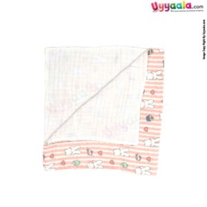 Four Layered Muslin Cotton Towel with Rabbit Print for babies 0+m Age, Size(95*51Cm)-Peach