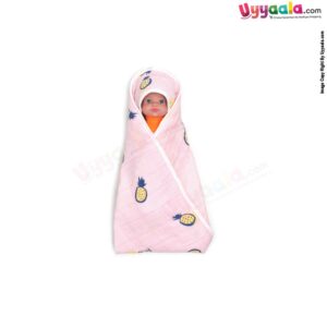 Double Layered Hooded Swaddle Wrapper with Stuff & Waist Belt Pineapple Print for Babies 0+m Age, Size (92*88cm)-Pink