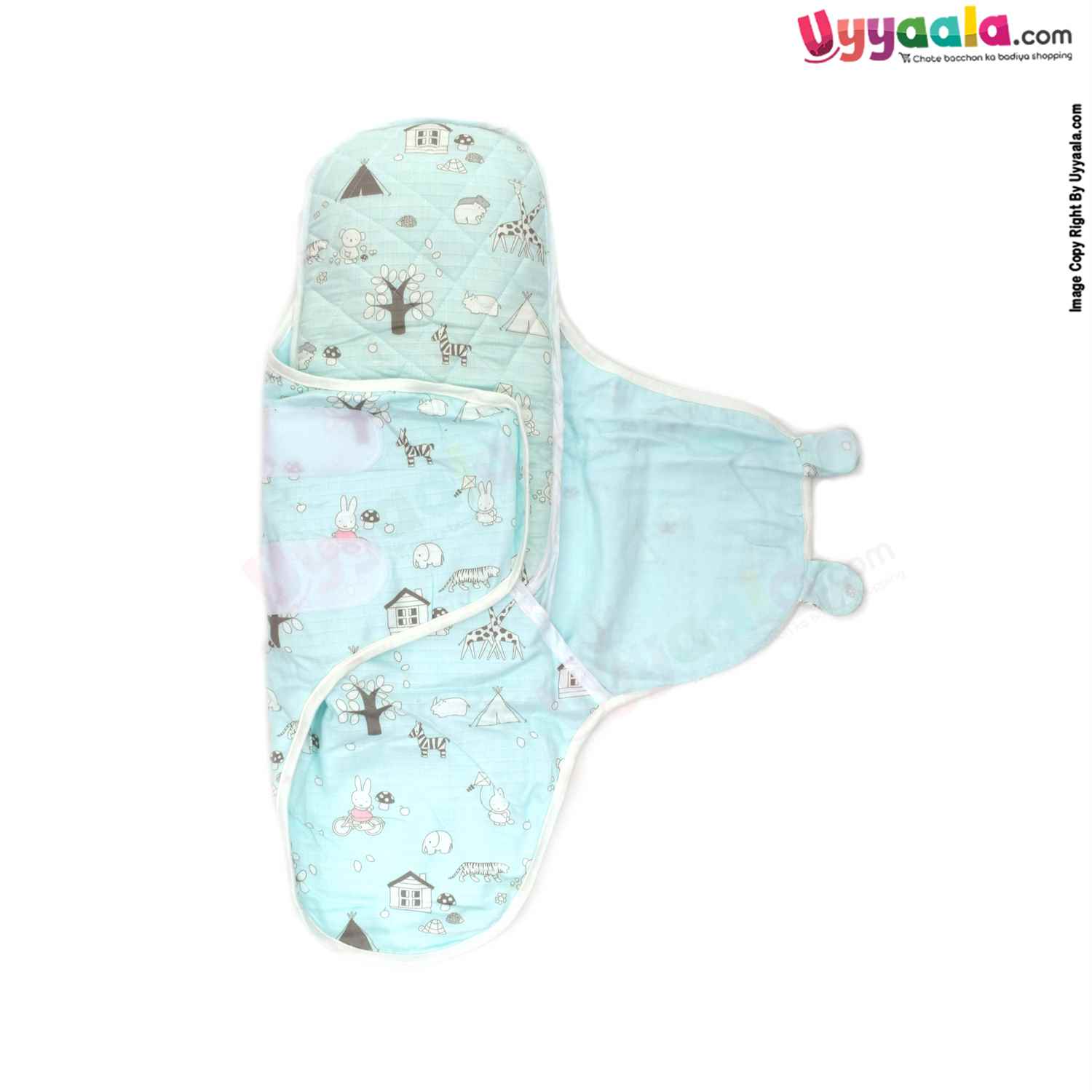 Muslin Cotton Baby Swaddle Wrapper with Neck Support and Animal Prints, 0-17m, Size (79*73cm) - Light Green