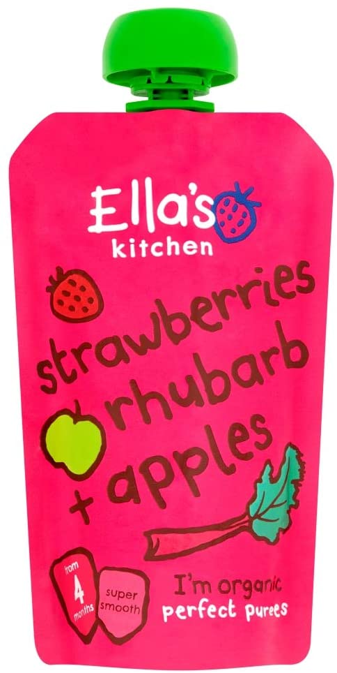 Ella's Kitchen Strawberries Rhubarb + Apple, Super Smooth Purees for Babies - 120gm, 4 months +