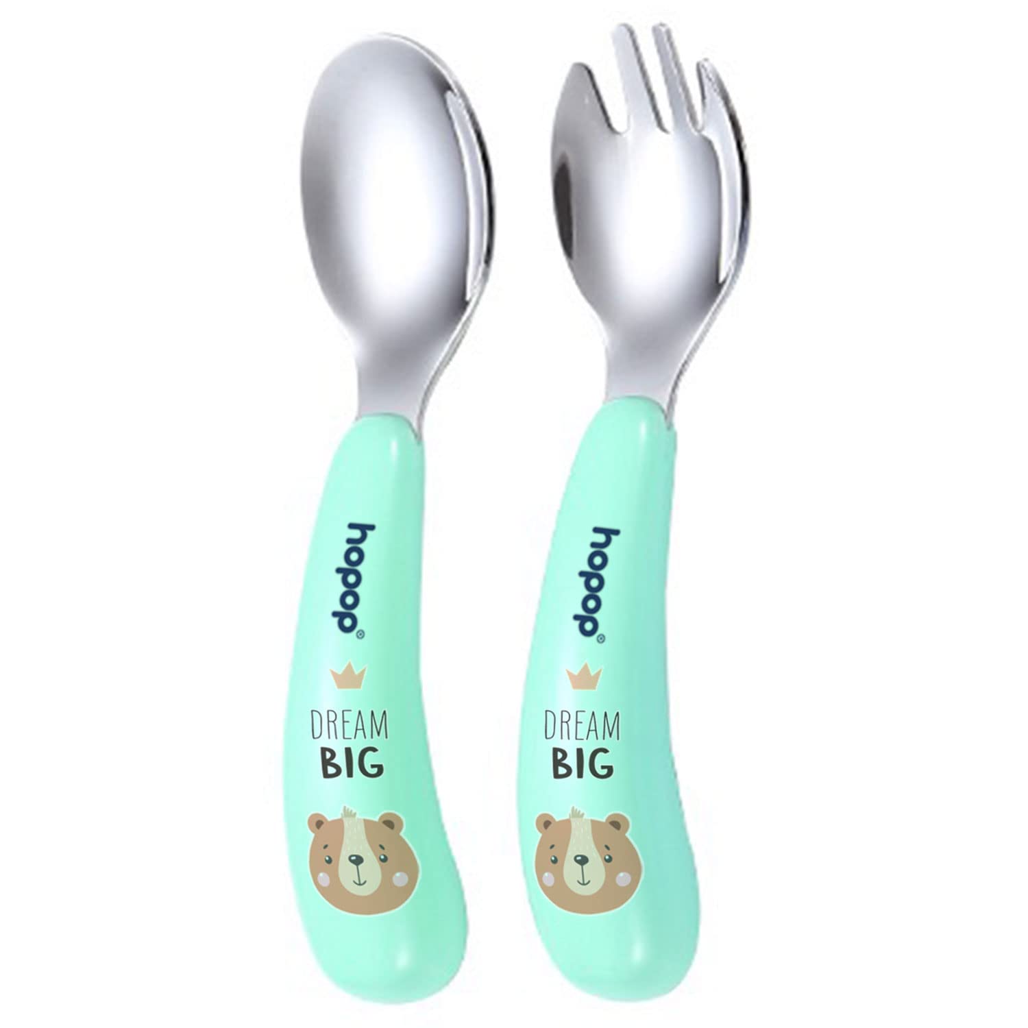 Hopop Spoon & Fork with Travel Case For Babies - Green 6m+