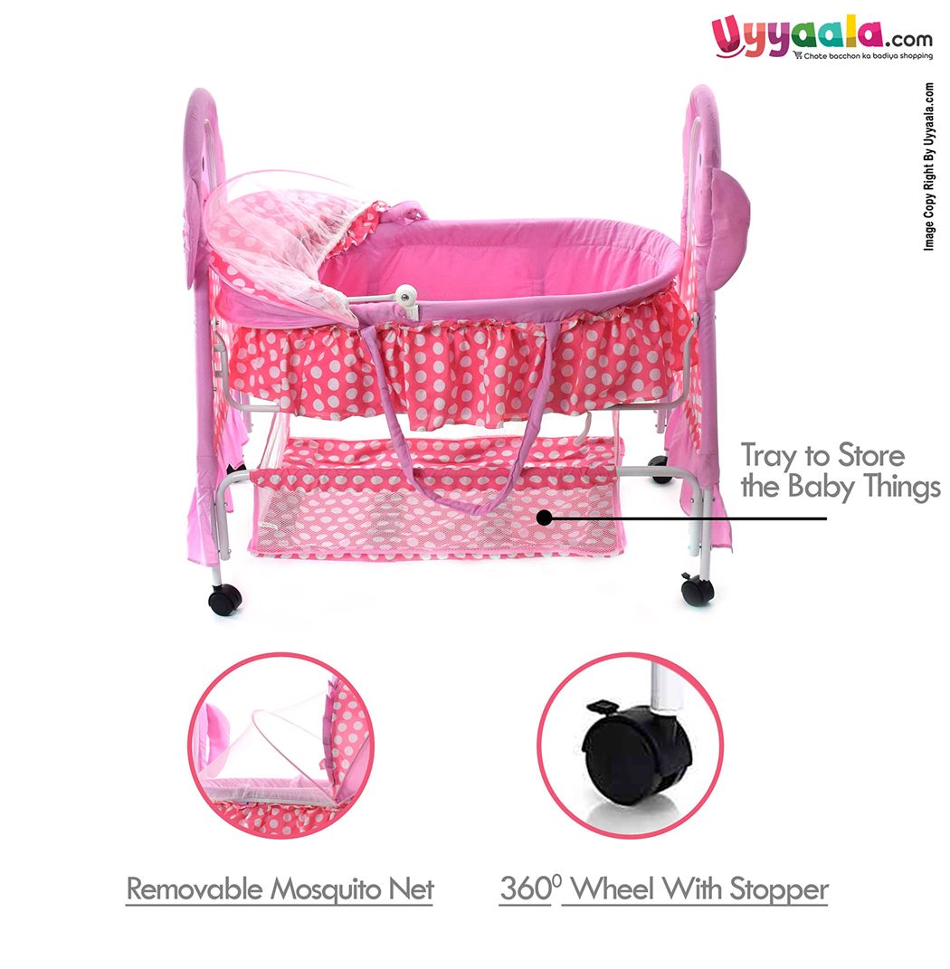 COOL BABY Puppy Shape Cradle With Mosquito Protection Net, Storage Space & Wheel Locking System - Pink