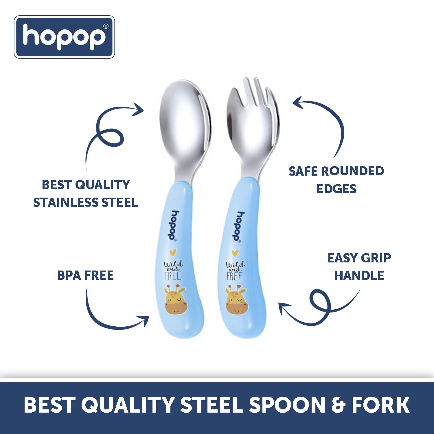 Hopop Spoon & Fork with Travel Case For Babies - Blue 6m+