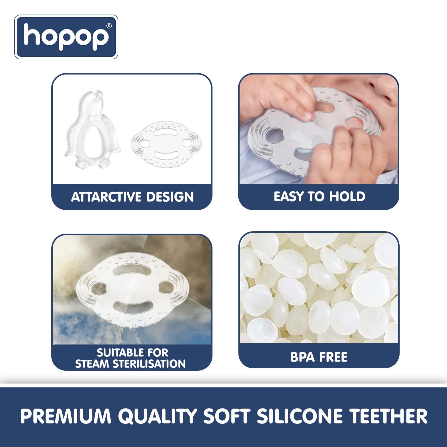 Hopop Easy Grip Silicone Teethers - Transparent 4m+
