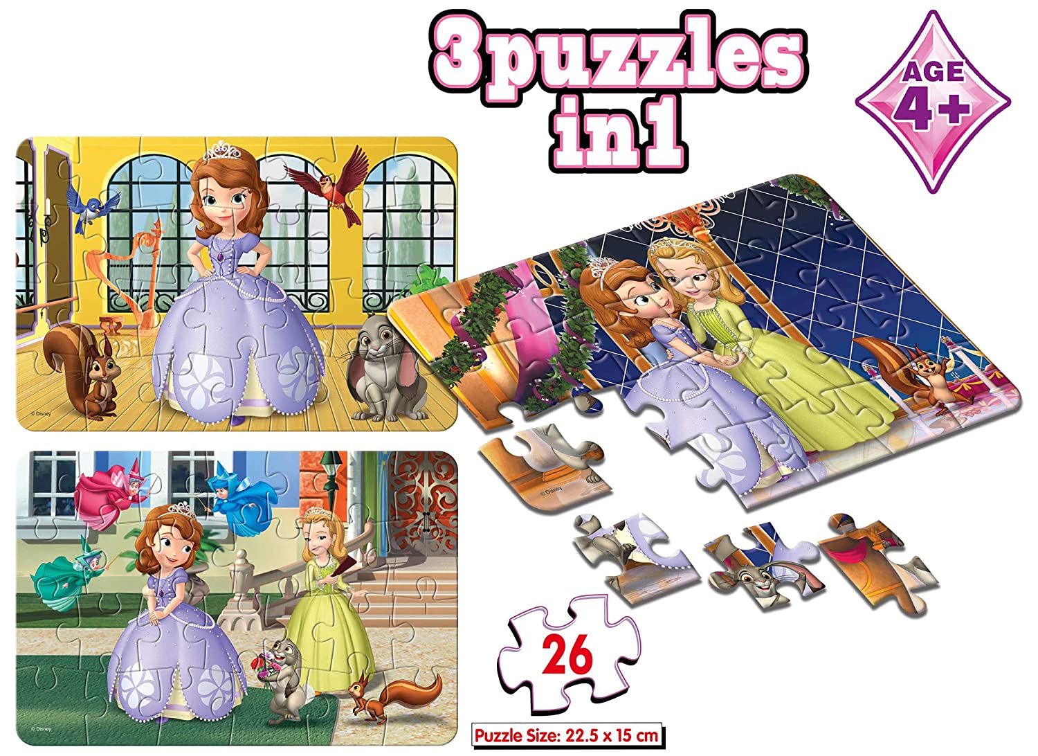 FRANK disney sofia the first 3 puzzles in 1 jigsaw game set for kids 26 pcs