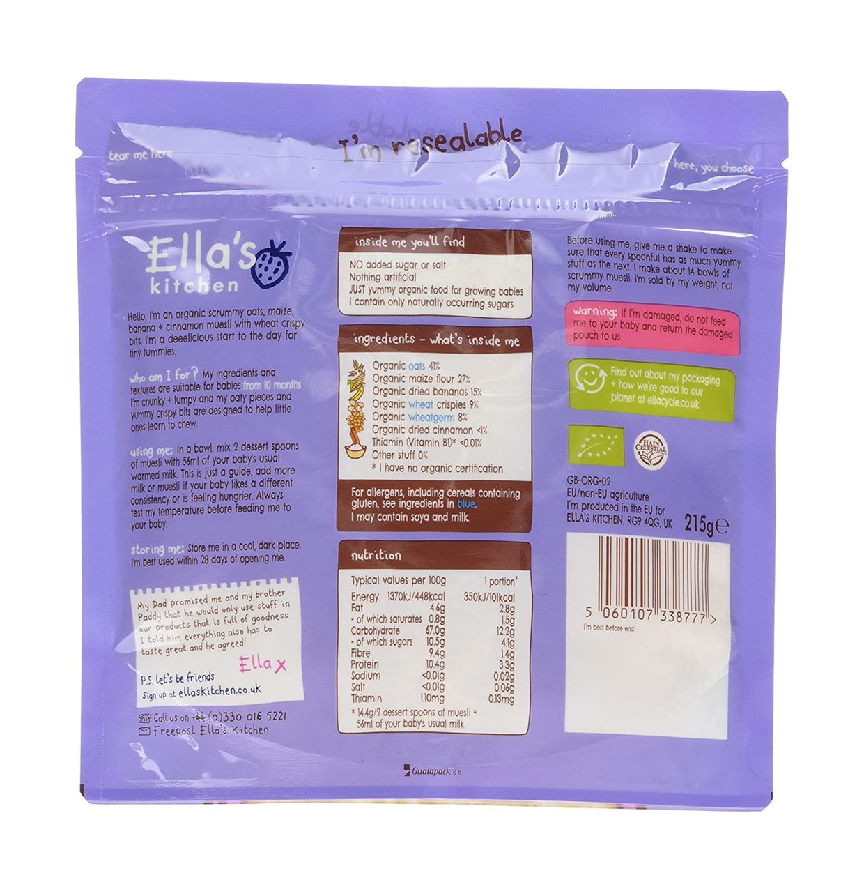 Ella's Kitchen Organic Banana Cinnamon Muesli For Babies - 215g 10m+
