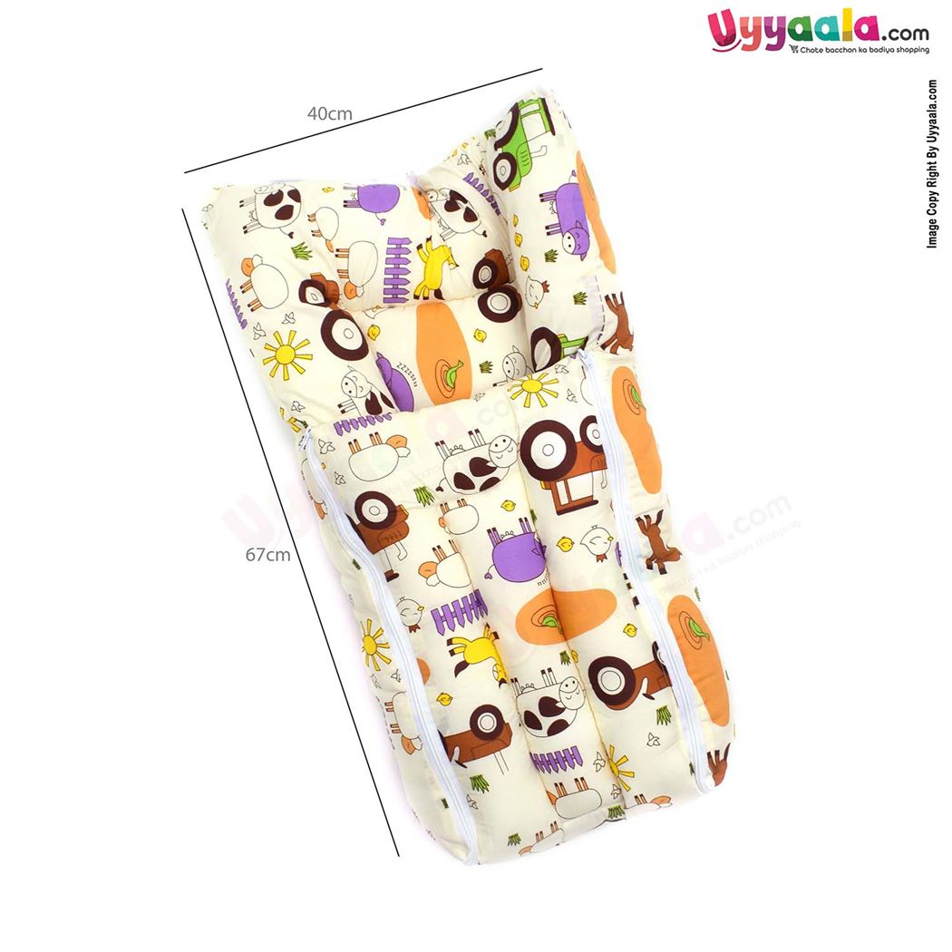 Sleeping Bag(Carry Nest) Premium Cotton Cow & Car Print 0+m Age, Cream-uyyala-com.myshopify.com-Sleeping Bags-Happy Babies