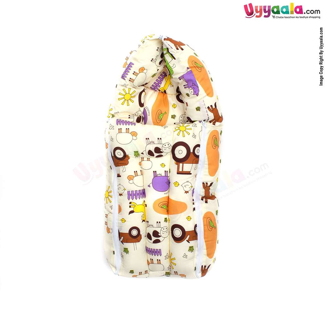 Sleeping Bag(Carry Nest) Premium Cotton Cow & Car Print 0+m Age, Cream-uyyala-com.myshopify.com-Sleeping Bags-Happy Babies