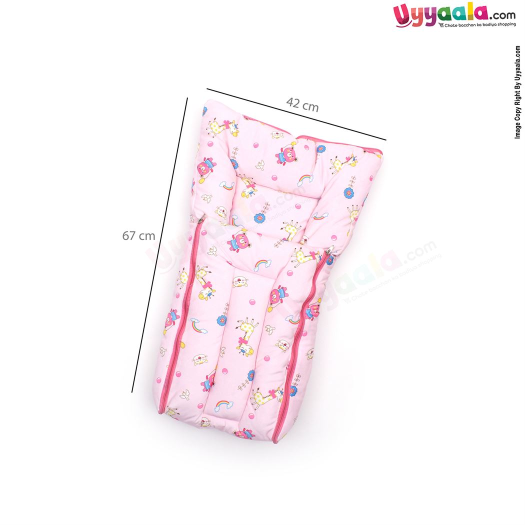 Sleeping Bag(Carry Nest) Premium Velvet, Bear & Giraffe Print Light 0-3m Age, Pink-uyyala-com.myshopify.com-Sleeping Bags-Happy Babies
