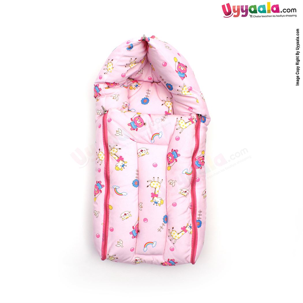 Sleeping Bag(Carry Nest) Premium Velvet, Bear & Giraffe Print Light 0-3m Age, Pink-uyyala-com.myshopify.com-Sleeping Bags-Happy Babies