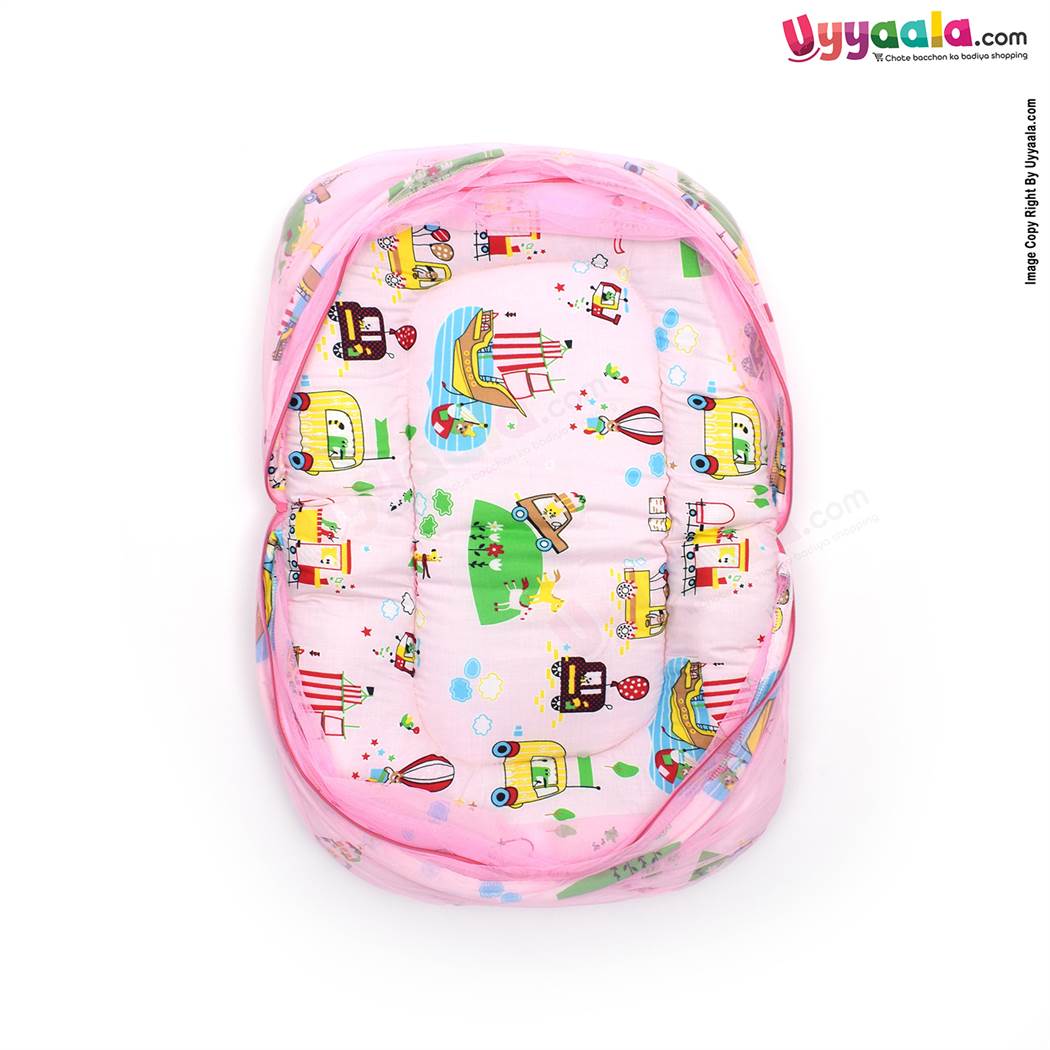 Baby Bedding Set with Mosquito Protection Net & Pillow Cotton, Car Print 0 to 12m Age, Pink-uyyala-com.myshopify.com-Bedding-Happy Babies