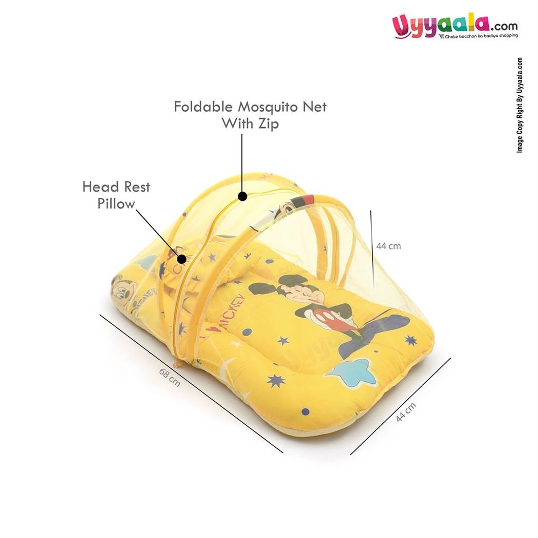 Baby Bedding Set with Mosquito Protection Net & Pillow Cotton, Mickey Mouse Print  0 to 12m age, Yellow-uyyala-com.myshopify.com-Bedding-Happy Babies