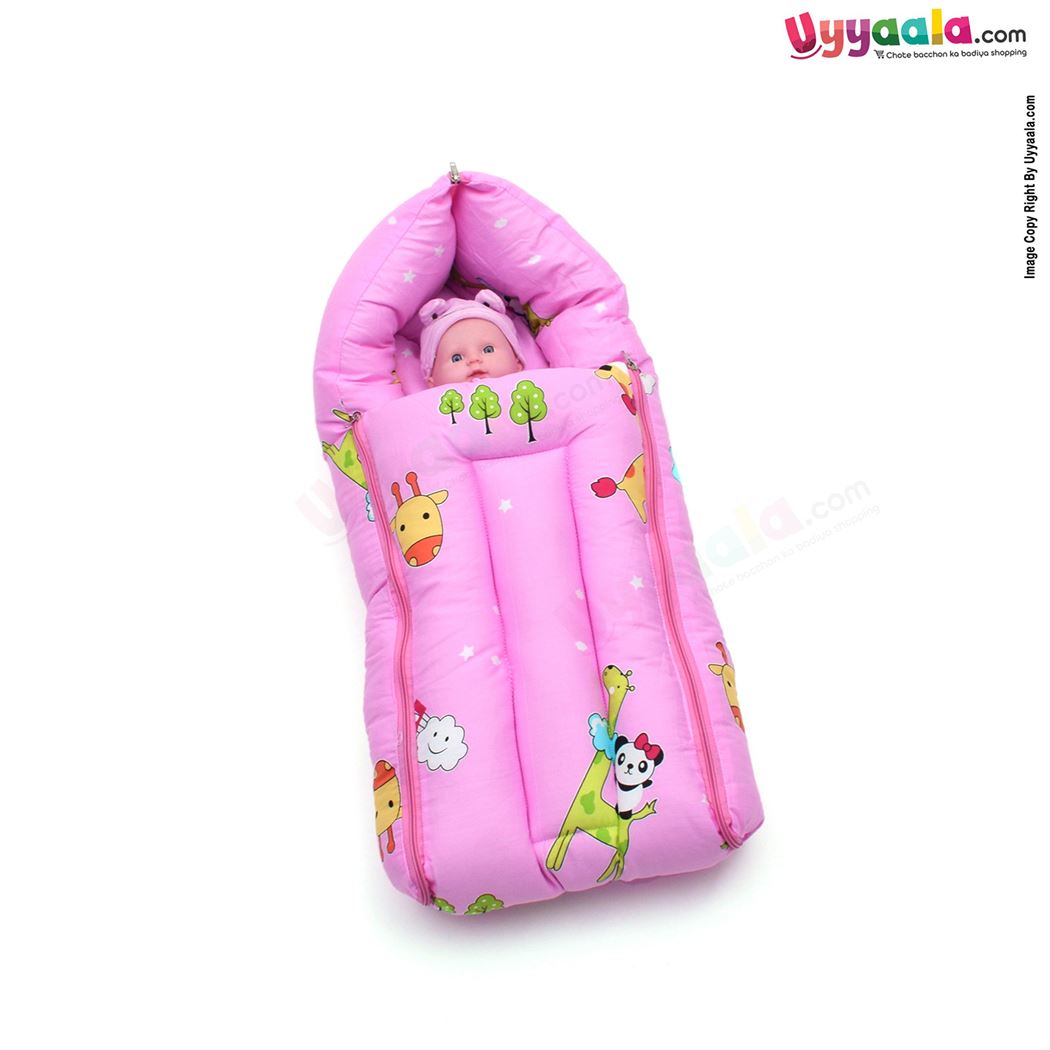 Sleeping Bag(Carry Nest) Premium Cotton Panda & Giraffe Print 0-3m Age, Pink-uyyala-com.myshopify.com-Sleeping Bags-Happy Babies
