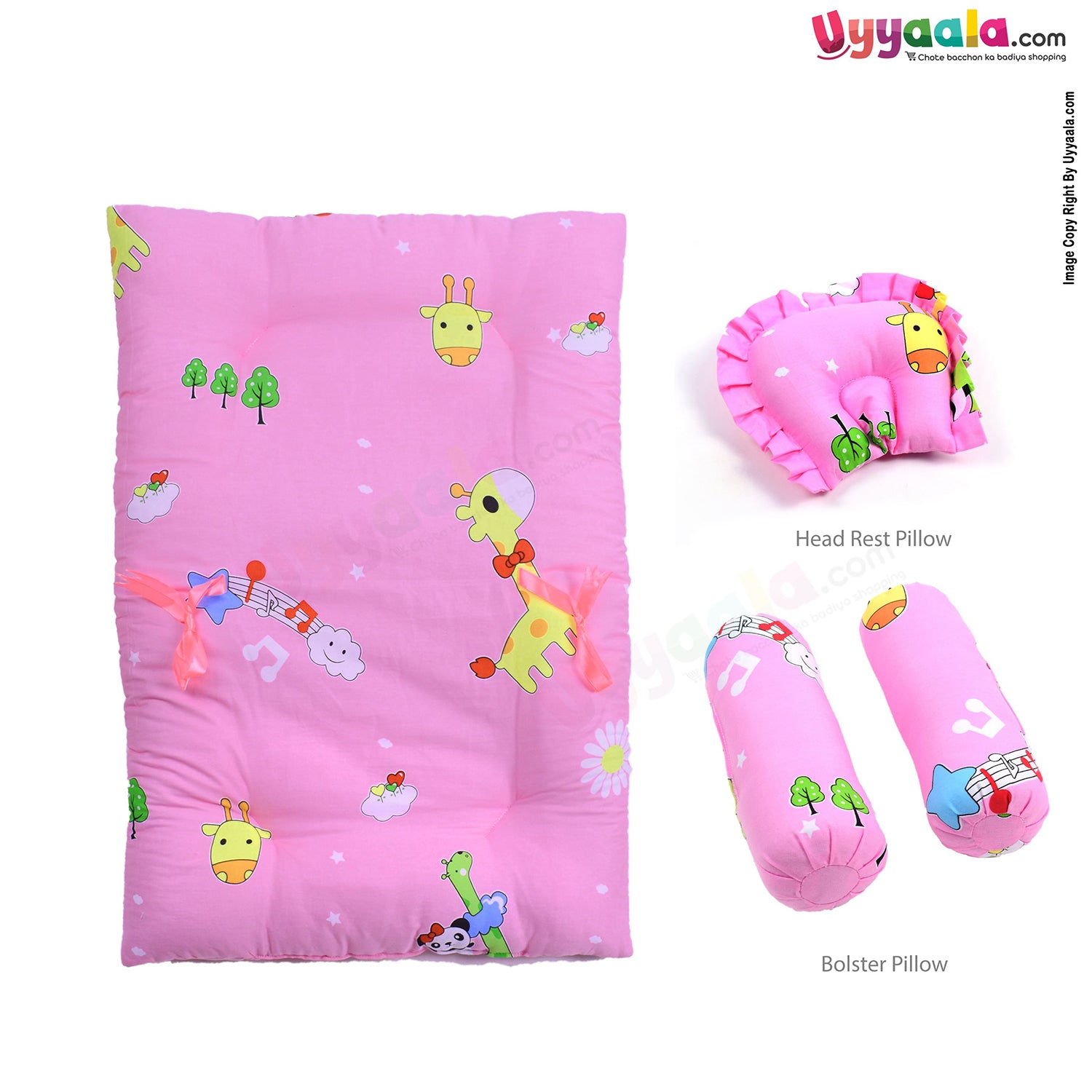 Baby Cotton Bedding Set of 4 with Bolster and Pillow, Giraffe Print 0 to 6m Age - Pink-uyyala-com.myshopify.com-Bedding-Happy Babies